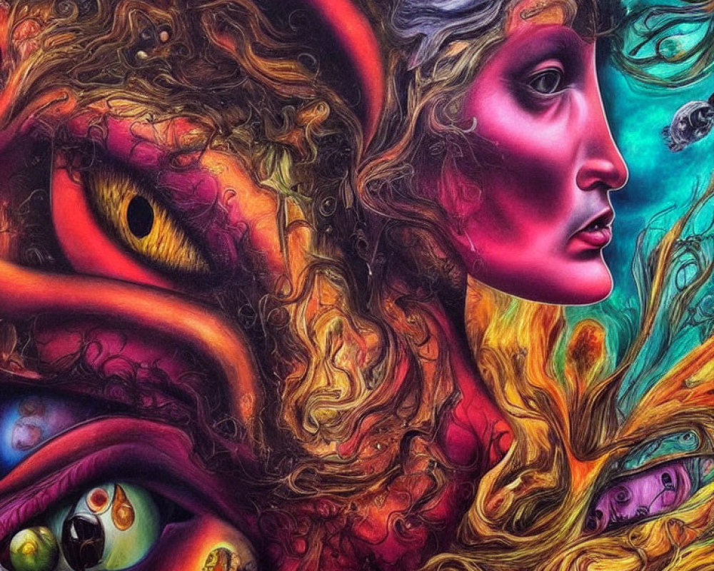 Colorful Psychedelic Artwork Featuring Human Faces and Cosmic Elements