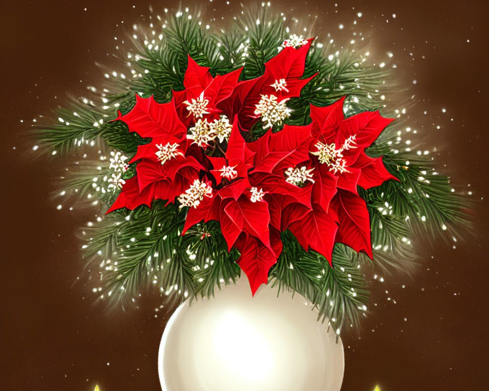 Vibrant red poinsettias with white berries and snowflakes on brown background