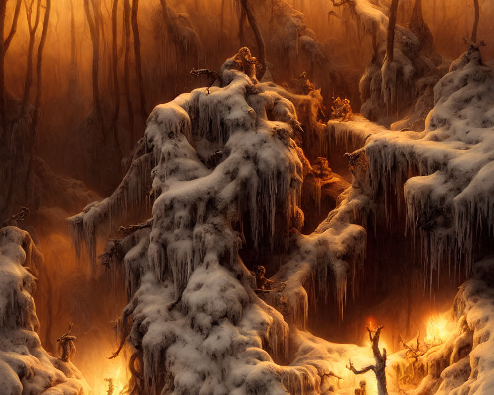 Mystical frozen forest with icicles and golden light
