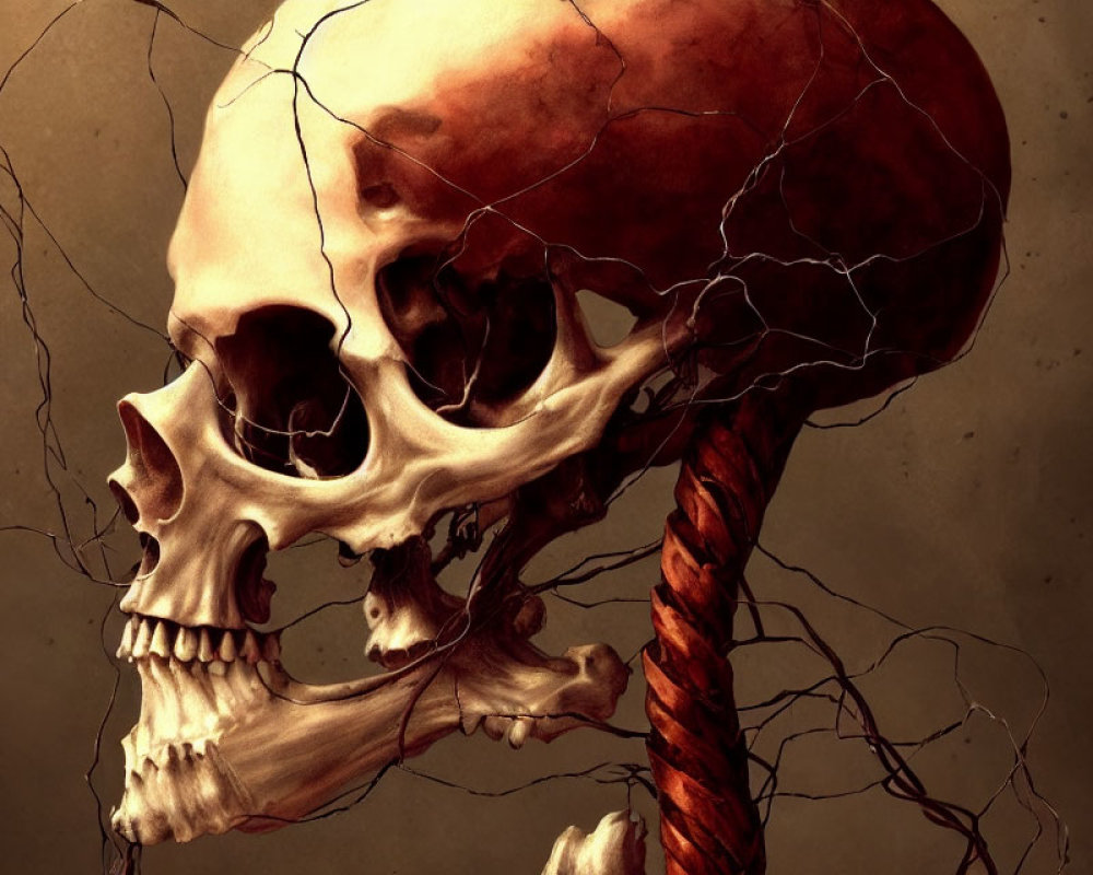 Illustration of two human skulls connected by twisted cord on brown background