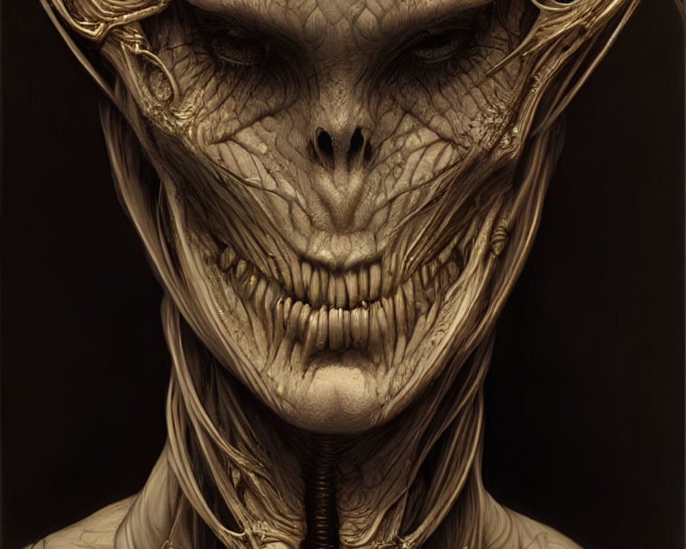 Detailed macabre humanoid figure with skeletal, alien visage and multiple eyes.