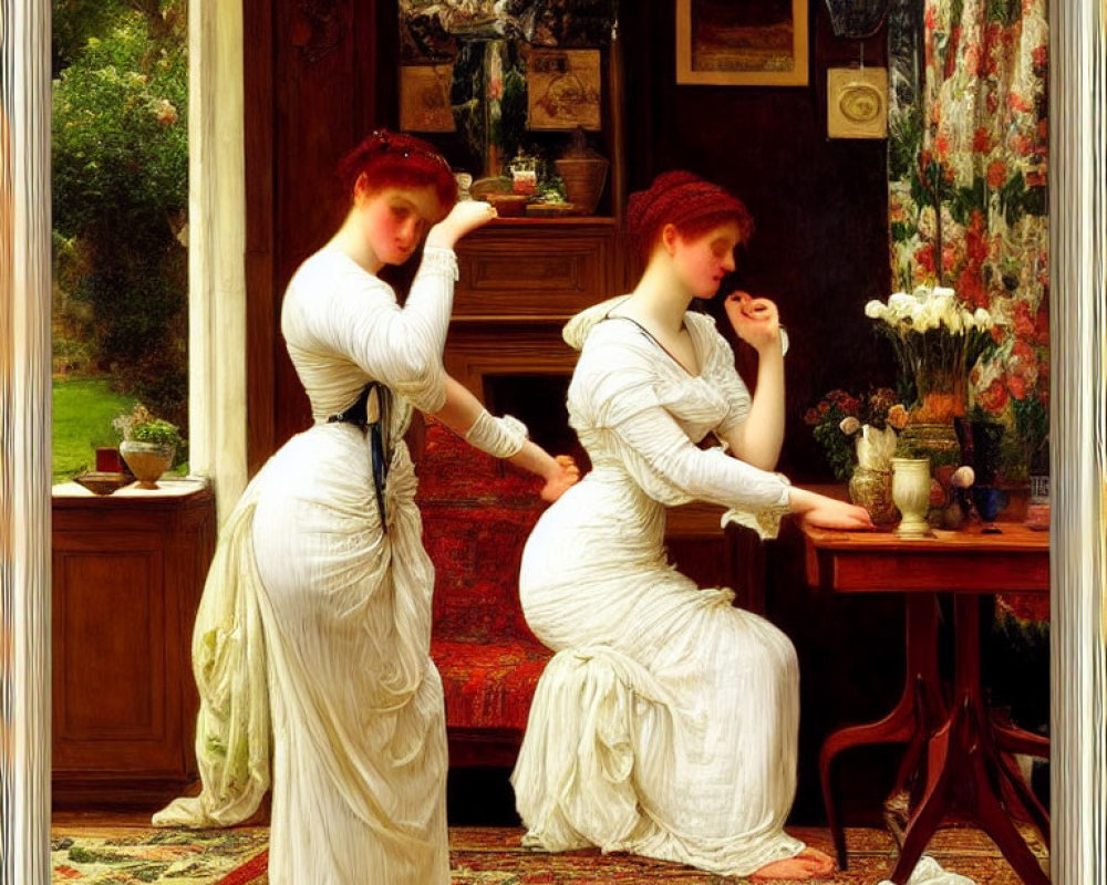 Two women in white dresses by wooden table with flowers in room with floral wallpaper.
