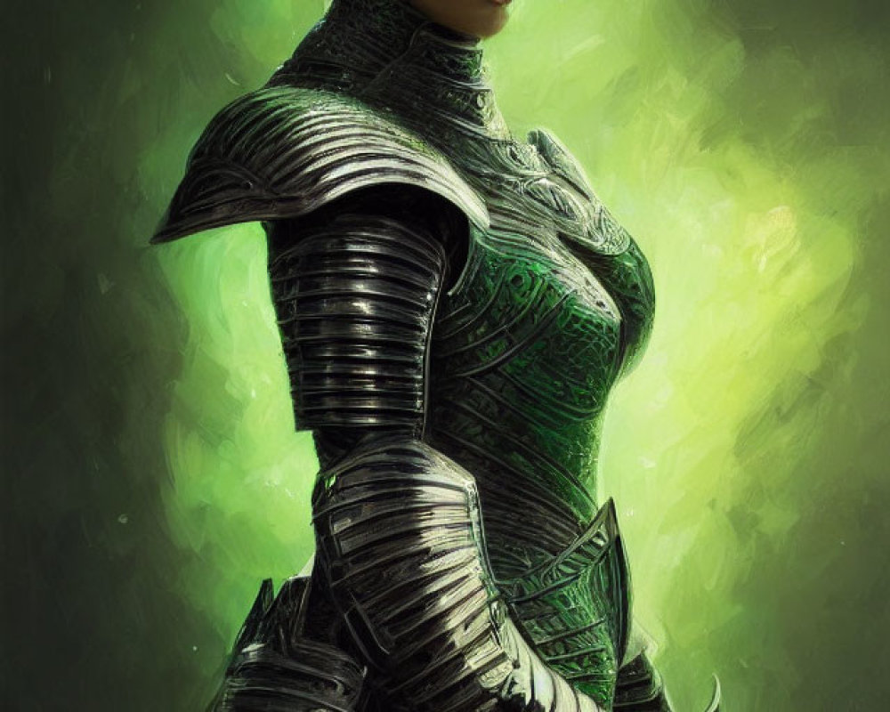 Detailed Green and Black Armor on Stoic Female Warrior
