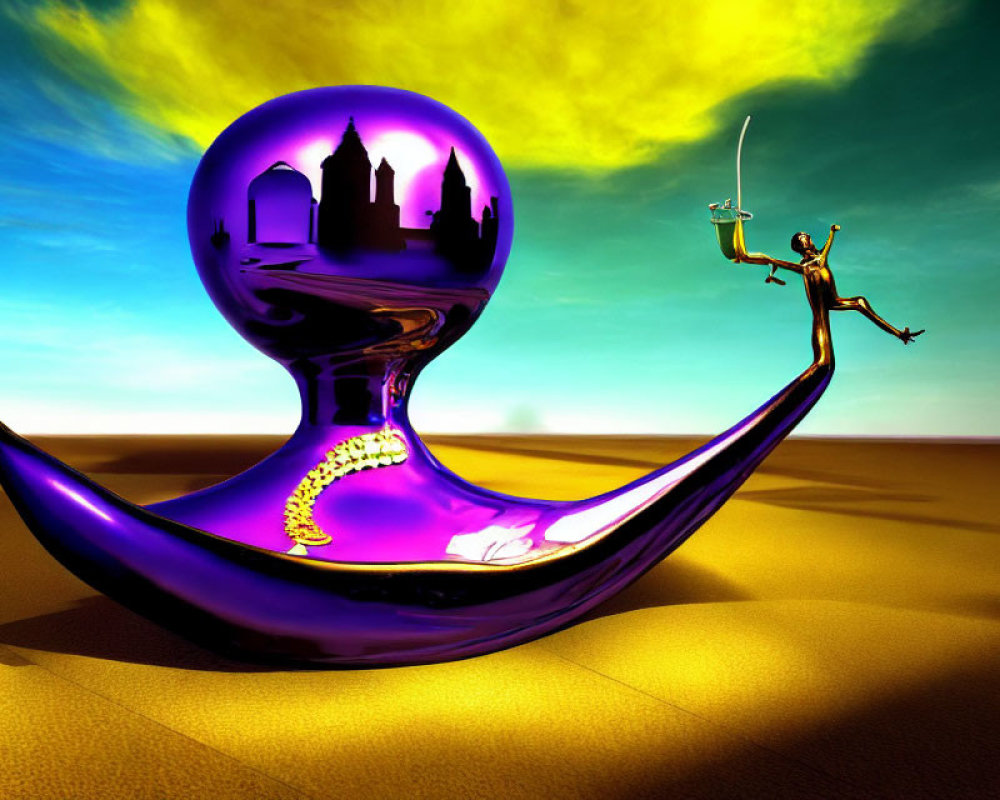Purple genie lamp with cityscape, leaping figure, and snake arm.