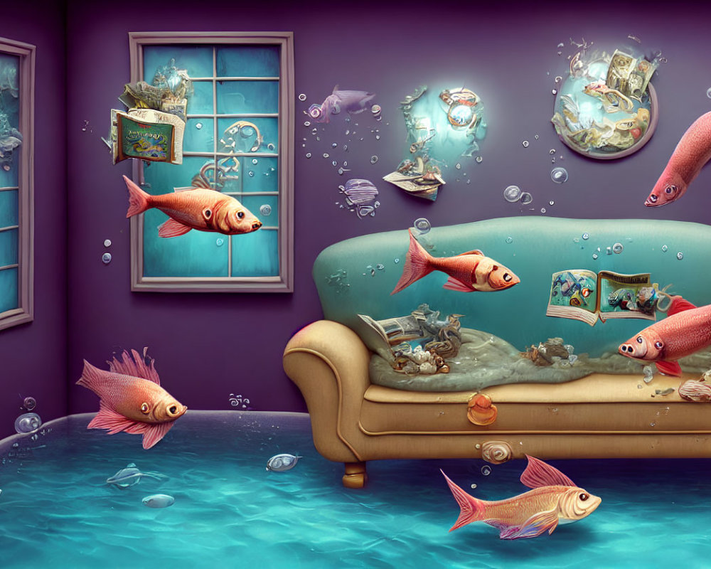 Underwater-themed room with fish, bubbles, submerged furniture