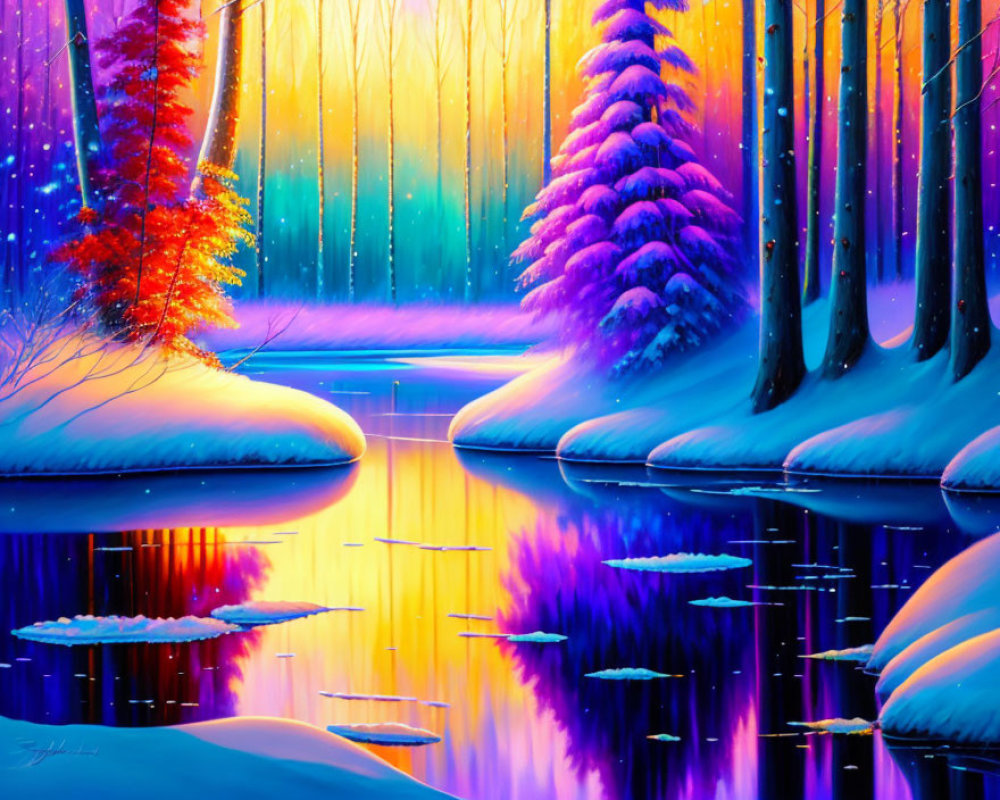 Colorful Winter Landscape with Reflective River and Luminous Sky