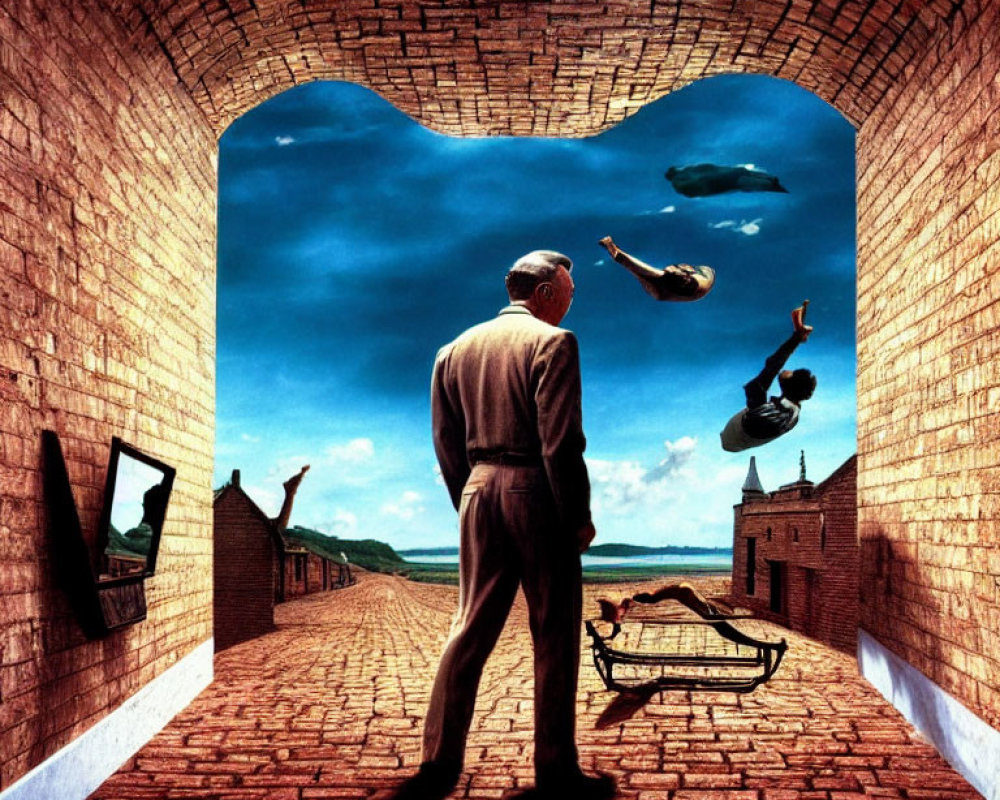 Elderly man walking towards surreal floating objects and buildings