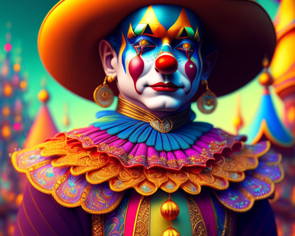 Colorful Clown with Elaborate Makeup and Luxurious Costume in Whimsical Setting