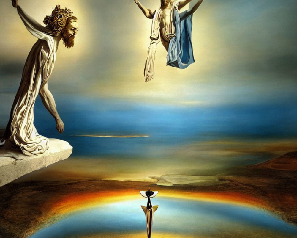 Surreal artwork featuring robed figures, lion-headed figure, chalice, and rainbow ring