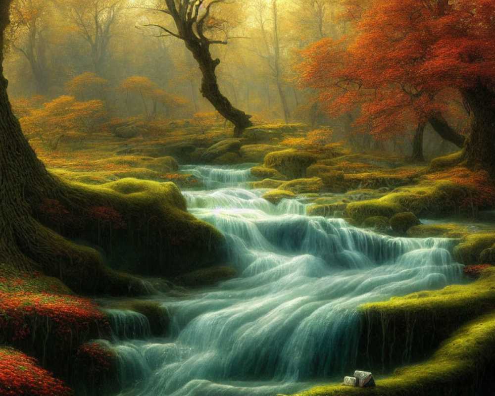 Tranquil forest stream with autumn trees and moss-covered rocks