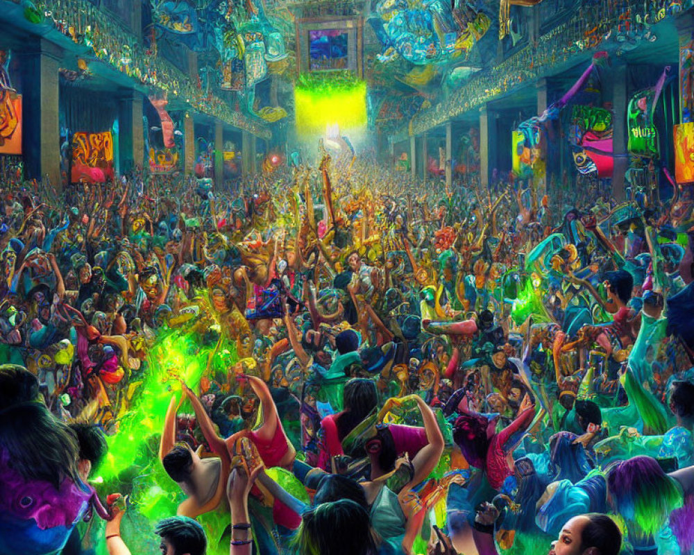 Colorful festival scene with dancing crowd and decorative lights