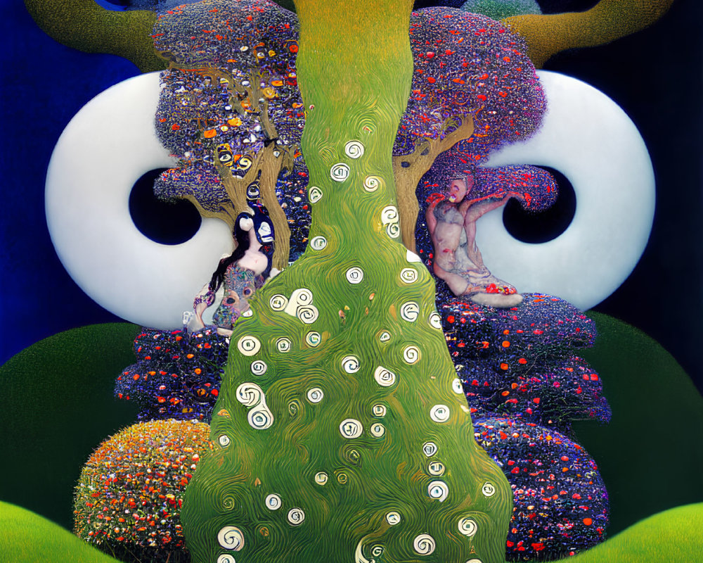 Surreal Tree Painting with Swirling Patterns and Yin-Yang Symbol