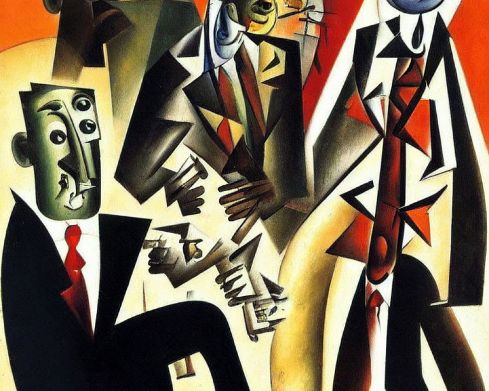 Abstract Cubist Painting of Disjointed Figures in Sharp Suits
