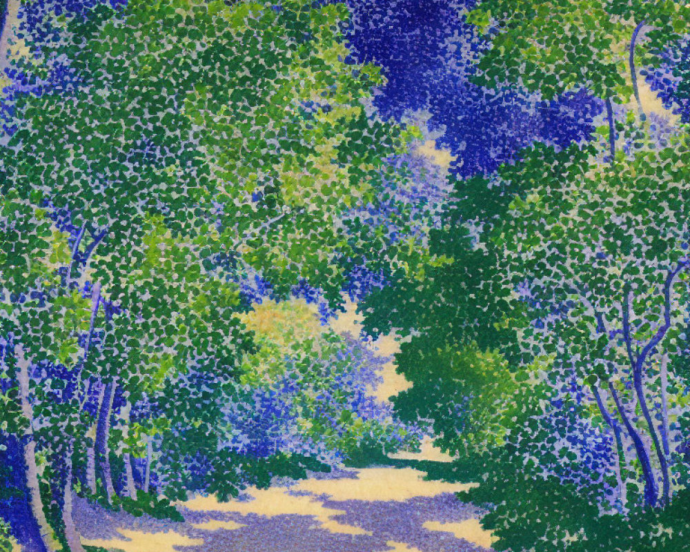 Vibrant Pointillist Forest Painting with Sunlit Path