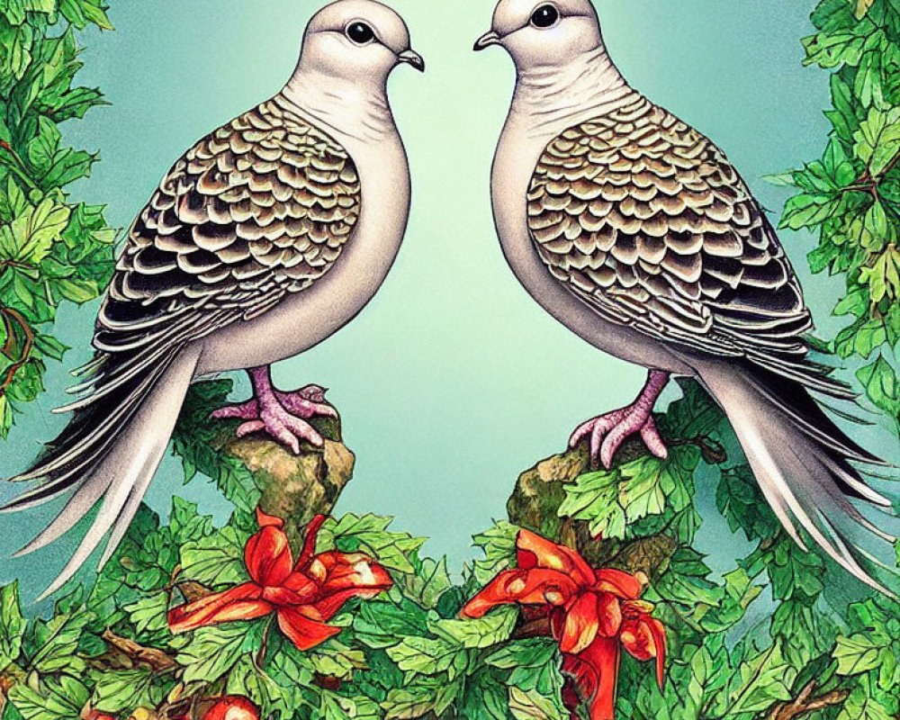 Illustrated doves on branches with red flowers and green leaves against teal background