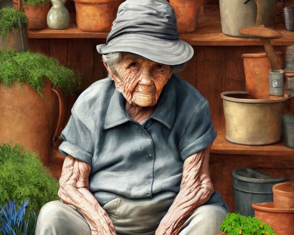 Elderly person in floppy hat and blue shirt surrounded by pots and plants