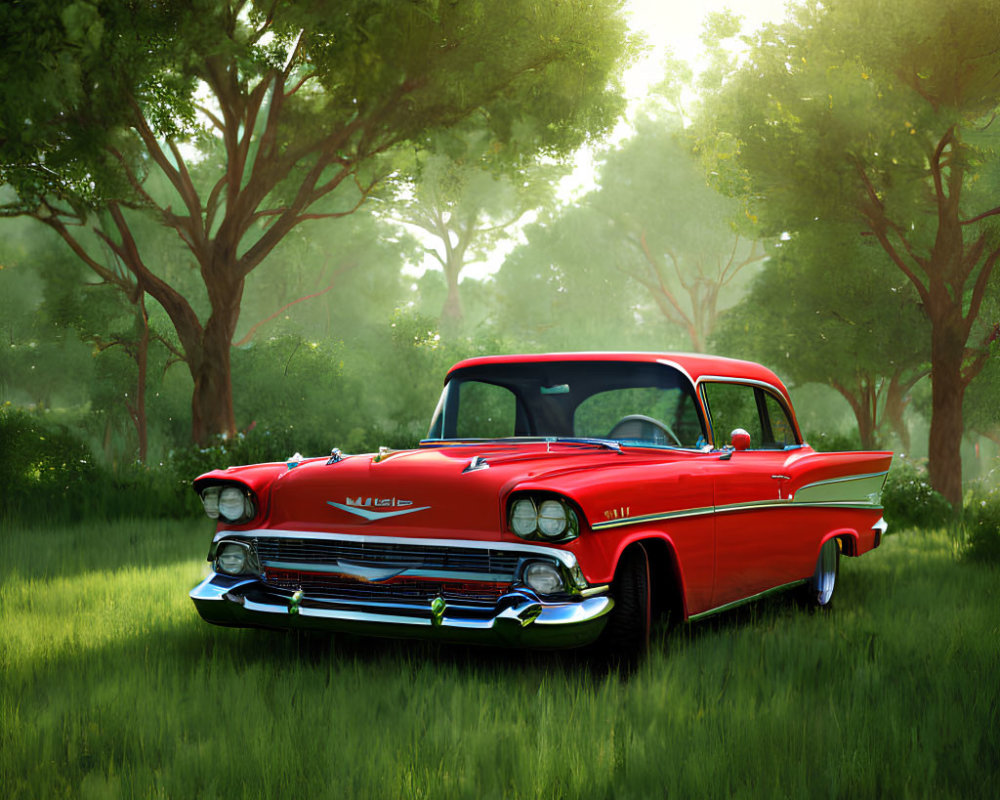 Vintage Red and White Chevrolet Car in Lush Green Forest