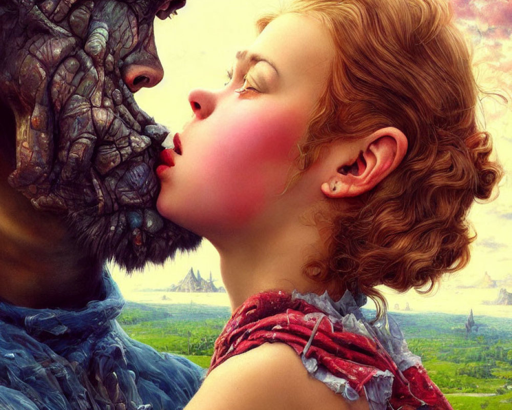Fantastical red-haired woman kissing rocky-faced creature in painterly landscape