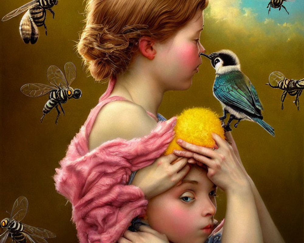 Portrait of girl with bird, child, and bees on gold background