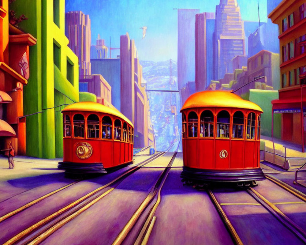 Vibrant red cable cars on parallel tracks in colorful cityscape.