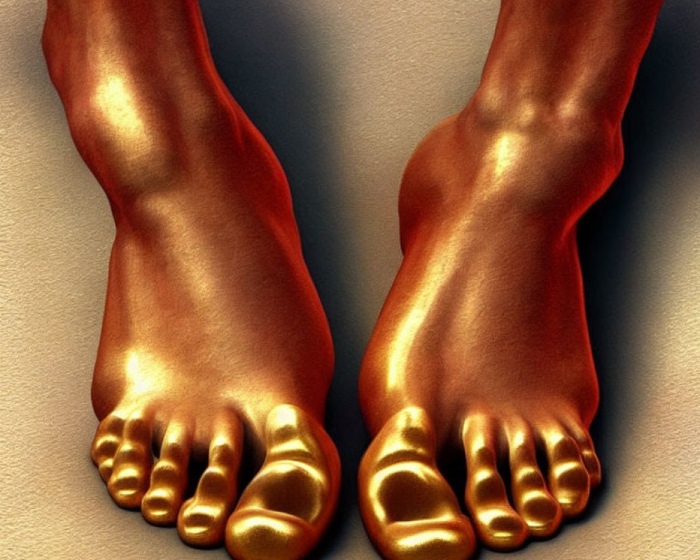 Detailed Close-Up of Golden-Painted Feet on Beige Surface