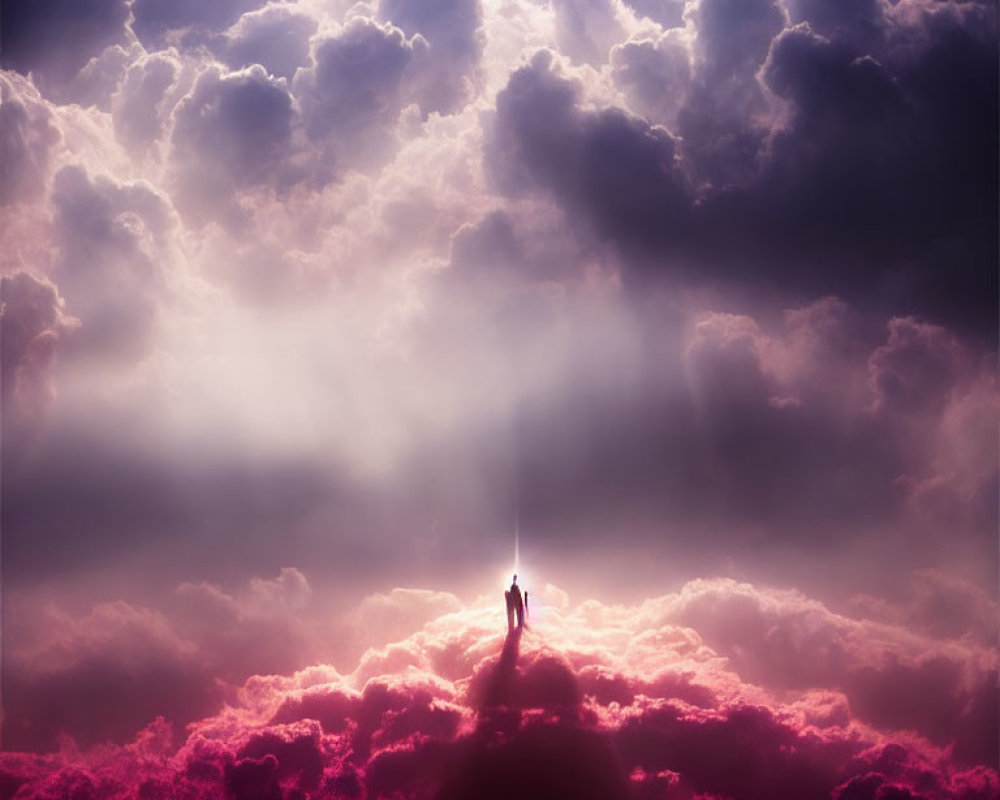 Person standing on illuminated cloud in dramatic purple sky