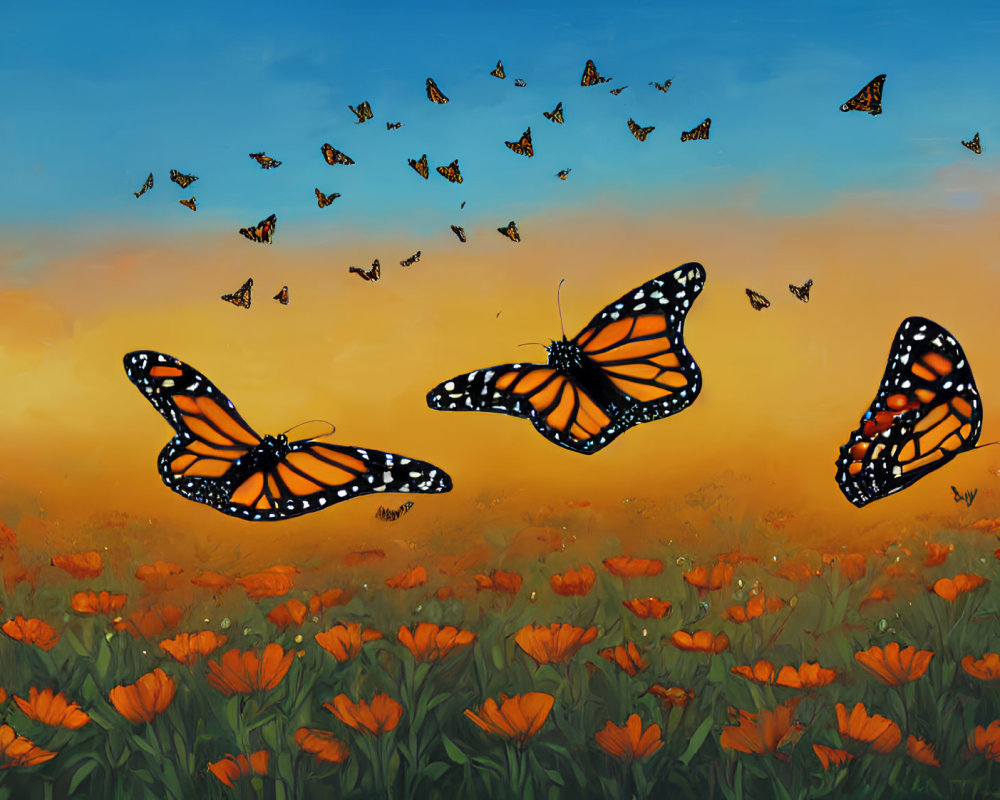 Monarch butterflies flutter above orange flowers at sunset.