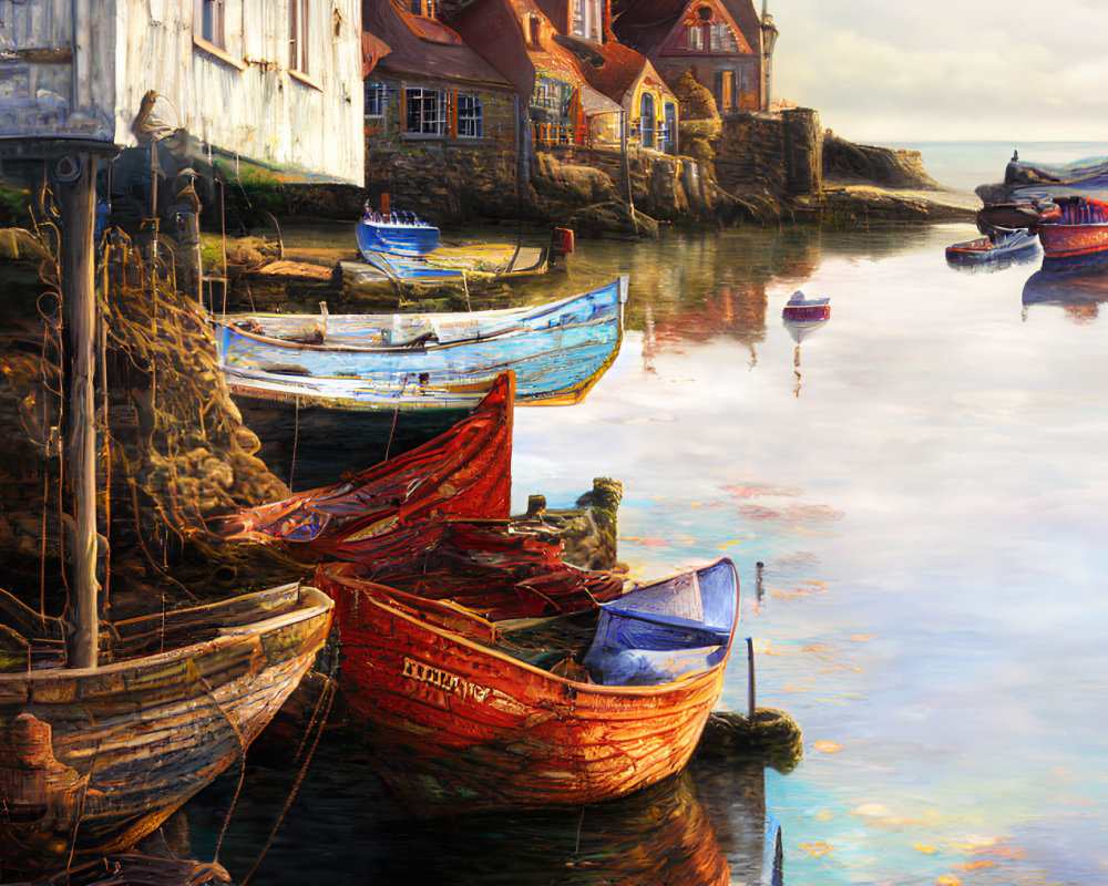 Tranquil harbor with colorful boats, white shack, red-roofed houses, and lily