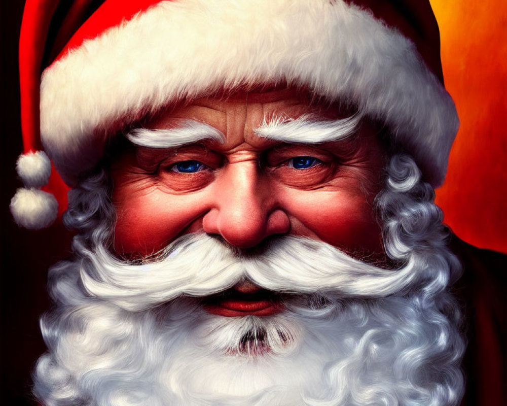 Person in Santa Claus costume with red hat and white beard in close-up shot
