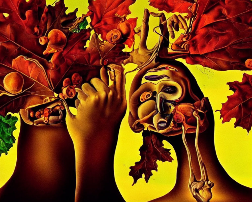 Abstract illustration: Vibrant yellow and red tones, hands, faces, autumn leaves intertwined.