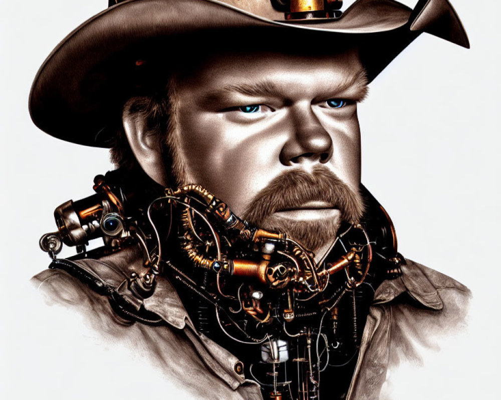 Steampunk-inspired portrait of man with mechanical parts and cowboy hat.