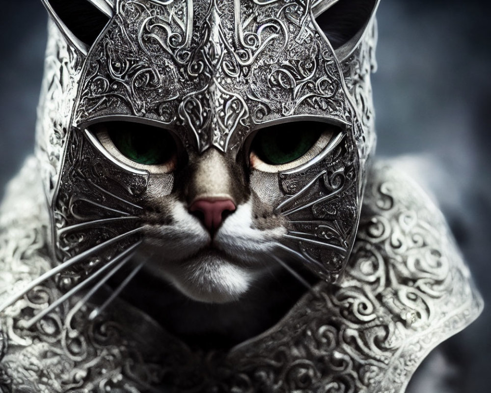 Close-up Image: Cat with Intricate Silver Mask and Green Eyes