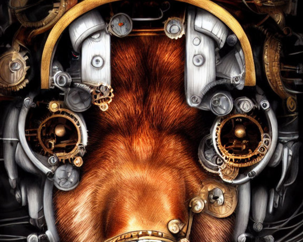 Steampunk-inspired dog head with mechanical gears on dark backdrop