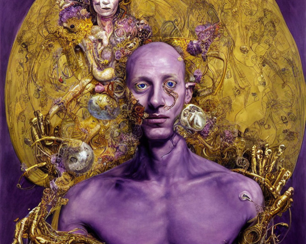 Purple-skinned figure with smaller being on shoulder in surreal portrait