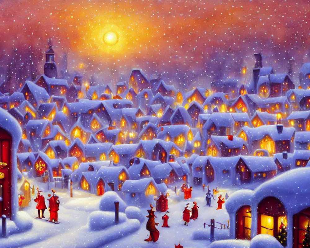 Snow-covered winter village at night with glowing sky and festive lights