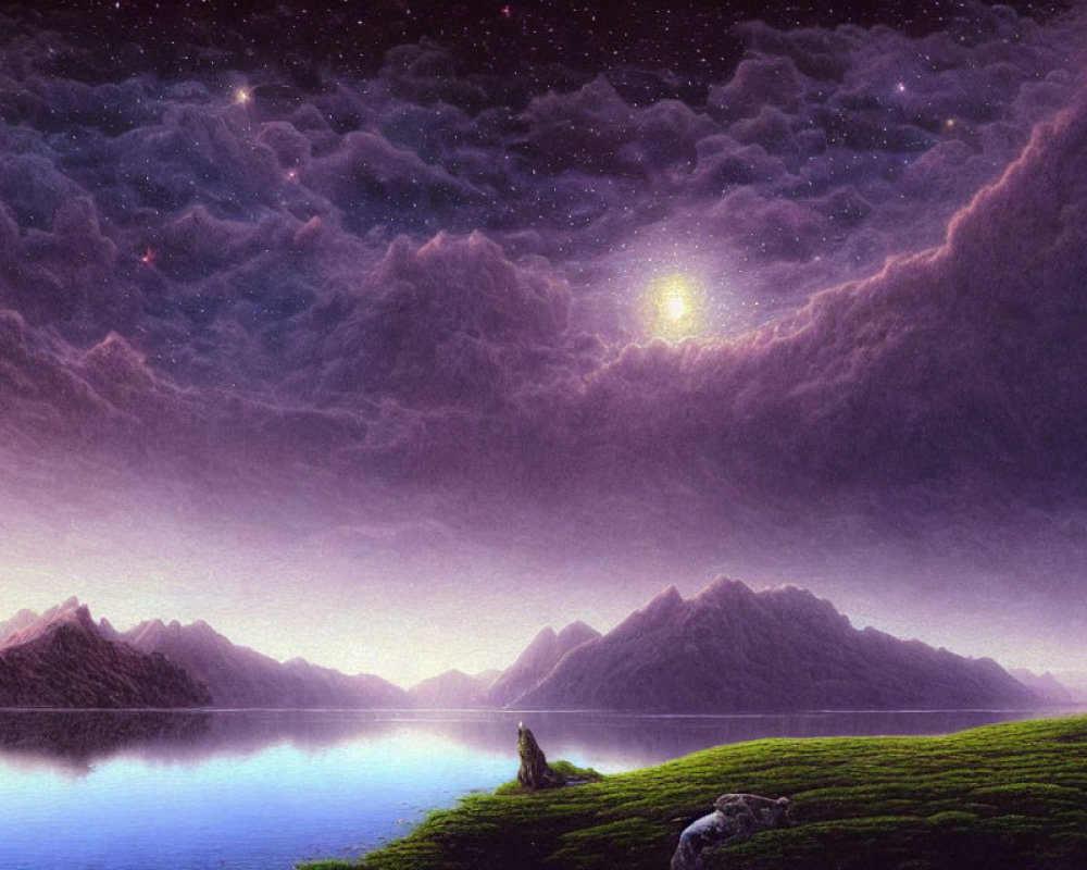 Starry night landscape with glowing moon over lake and mountains