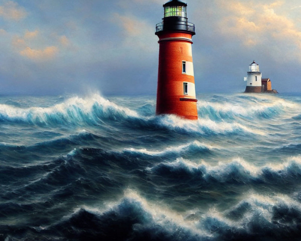 Red Lighthouse Painting on Rough Sea Waves with Cloudy Sky