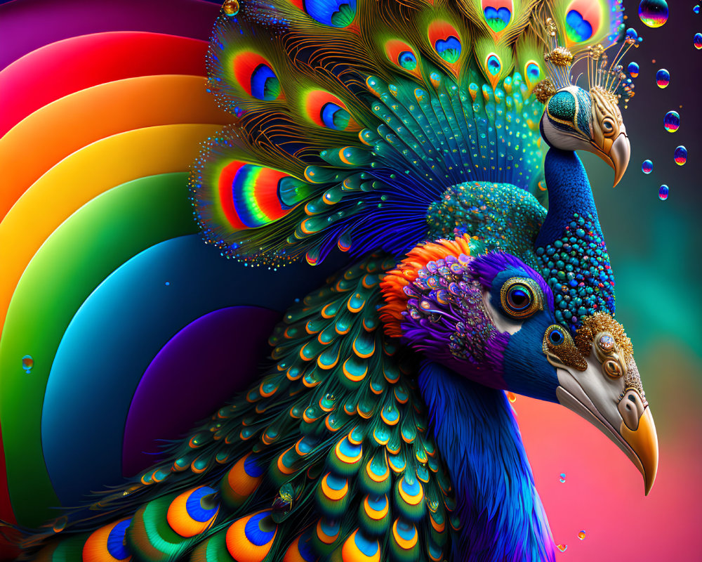 Colorful Peacock Digital Illustration with Rainbow Tail & Bubbles
