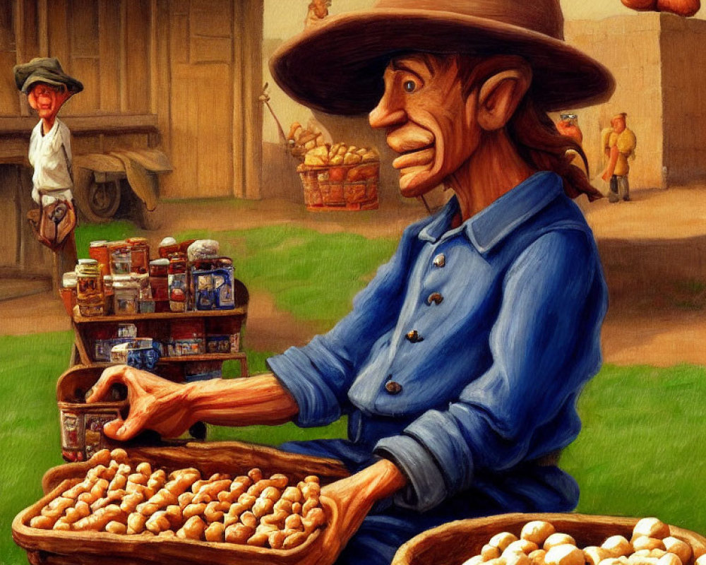 Caricatured man selling eggs at rural market with boy and baskets.