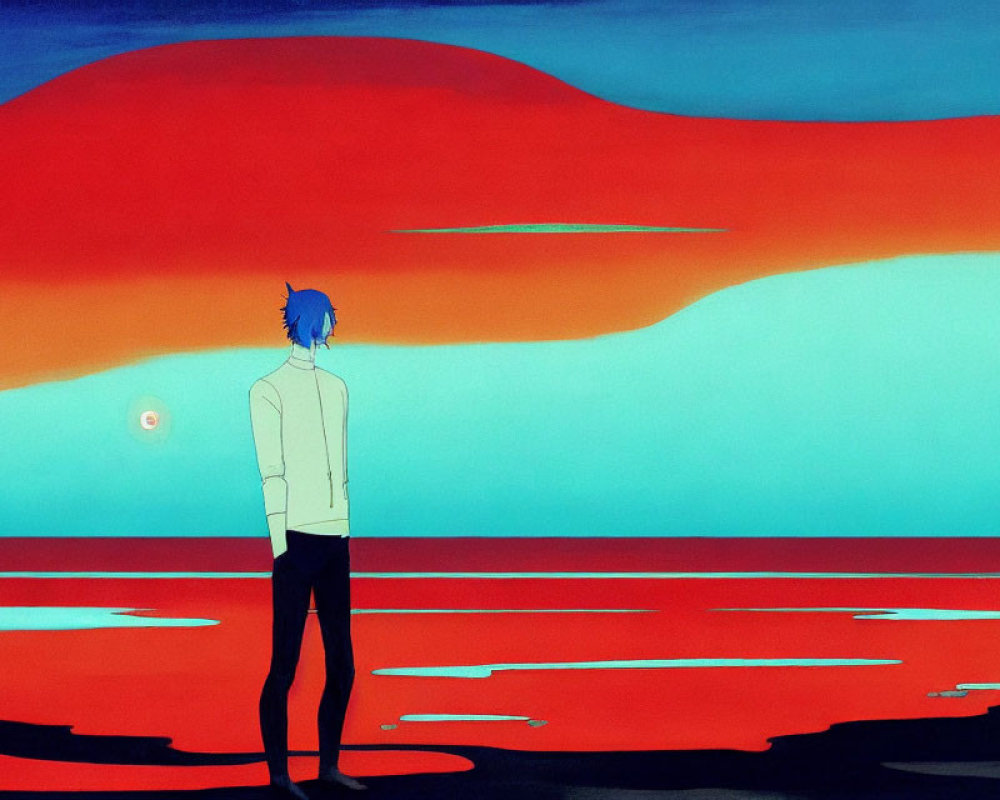 Blue-haired person gazes at white moon in surreal landscape with red cloud
