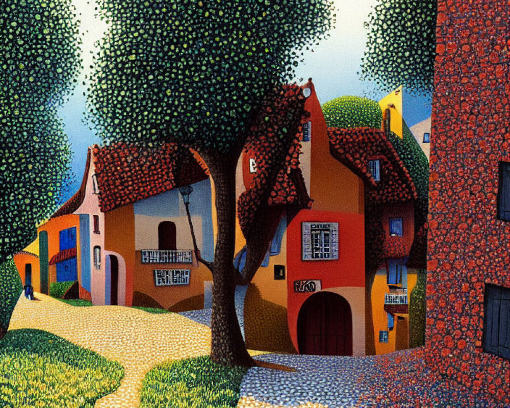 Colorful painting of quaint village with cobblestone paths & lush trees