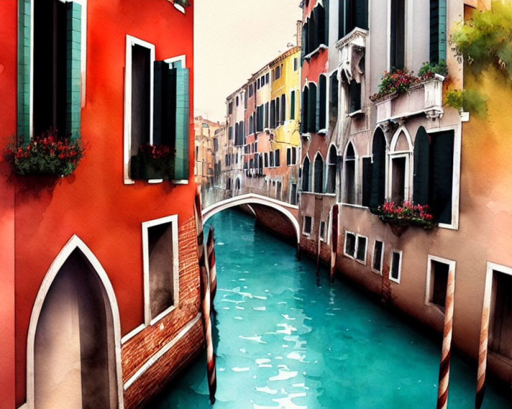 Colorful Watercolor Painting of Venetian Canal & Arched Bridge