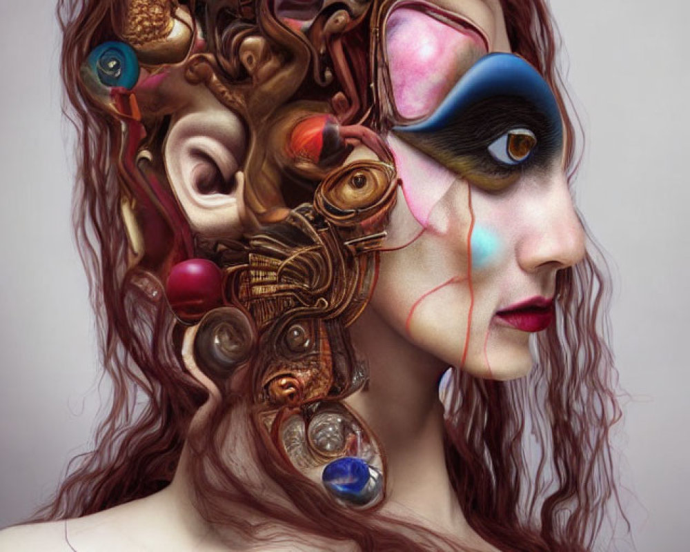 Surreal portrait featuring woman with intricate eye, mechanical, and abstract elements
