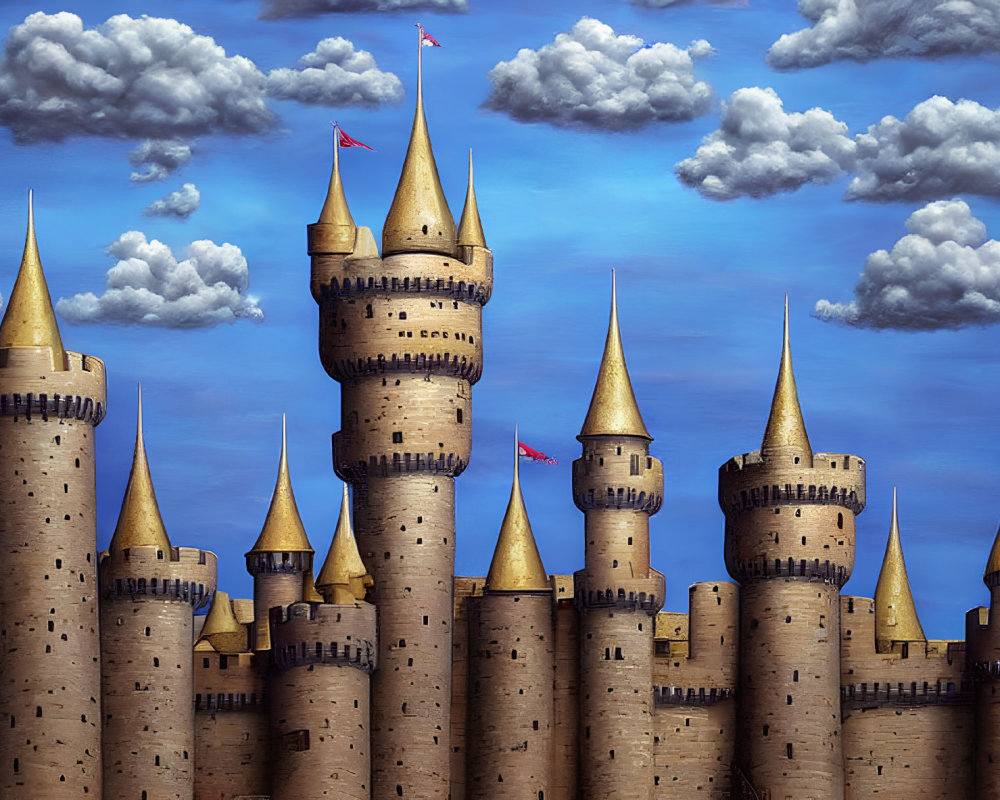 Fantastical castle with tall towers and red pennant flags under blue sky