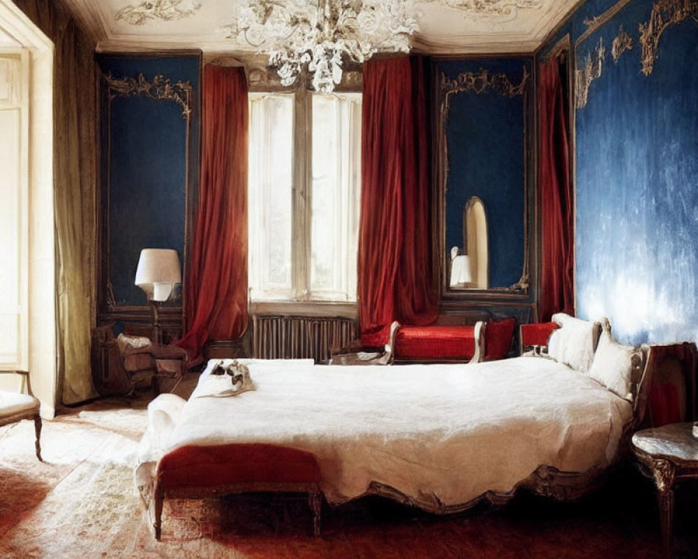 Luxurious Vintage Bedroom with Blue Walls and Antique Furniture