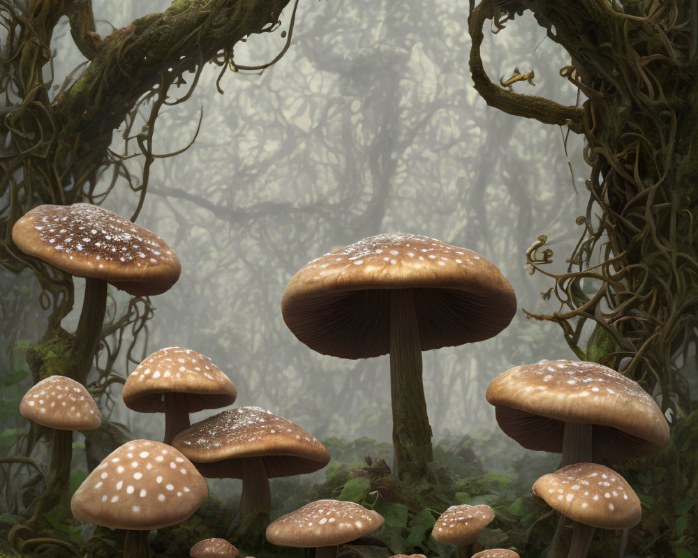 Enchanting forest scene with towering mushrooms and twisting vines