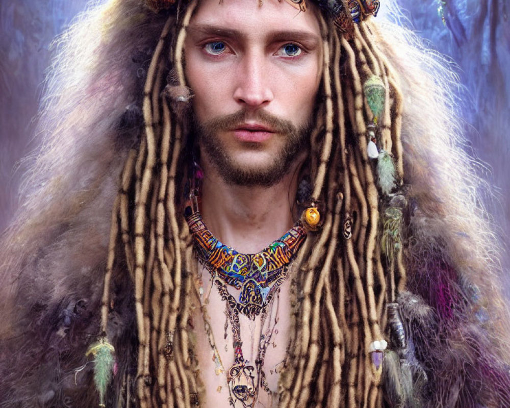 Mystical figure with tribal jewelry and vibrant headdress in misty forest