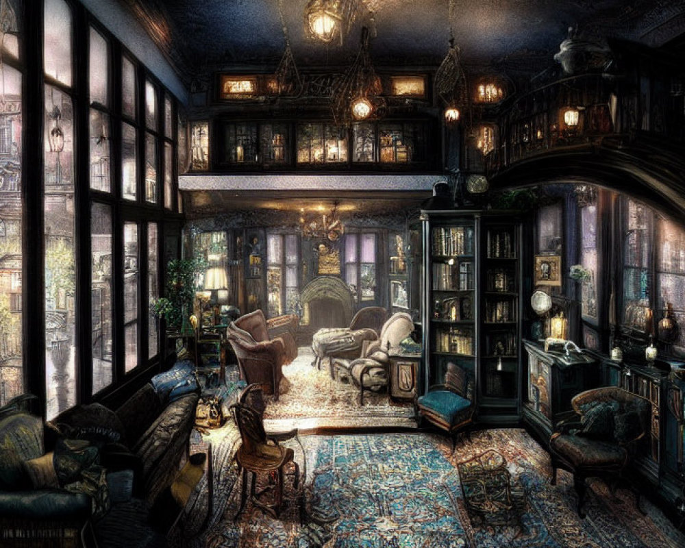 Dimly Lit Ornate Library with Large Windows and Cozy Armchairs