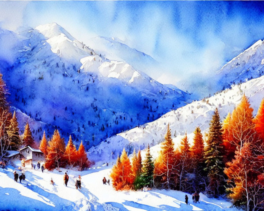Snowy mountain landscape with evergreen and autumn trees in watercolor.