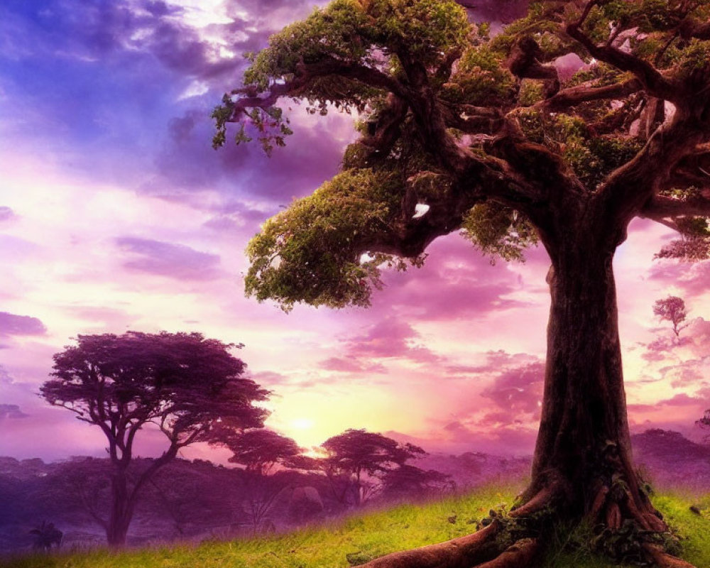 Majestic trees under vibrant purple and pink sunset.